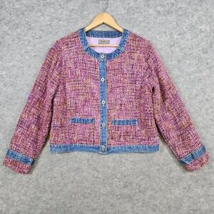 Khakis International Design Button Front Jacket Size M‎ Pink Tweed Denim Trim